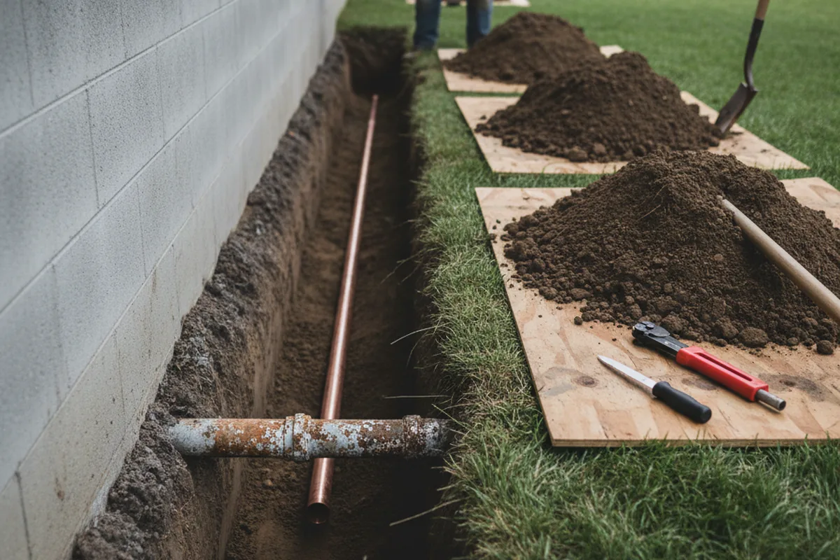 Excavated water line trench during Sewer Line Repair in Pensacola